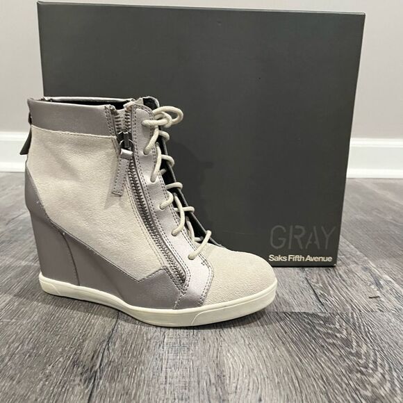 Gray for Saks Fifth Avenue Suede Leather Metallic Lace Up Wedge Booties sz 6.5 - Picture 1 of 15